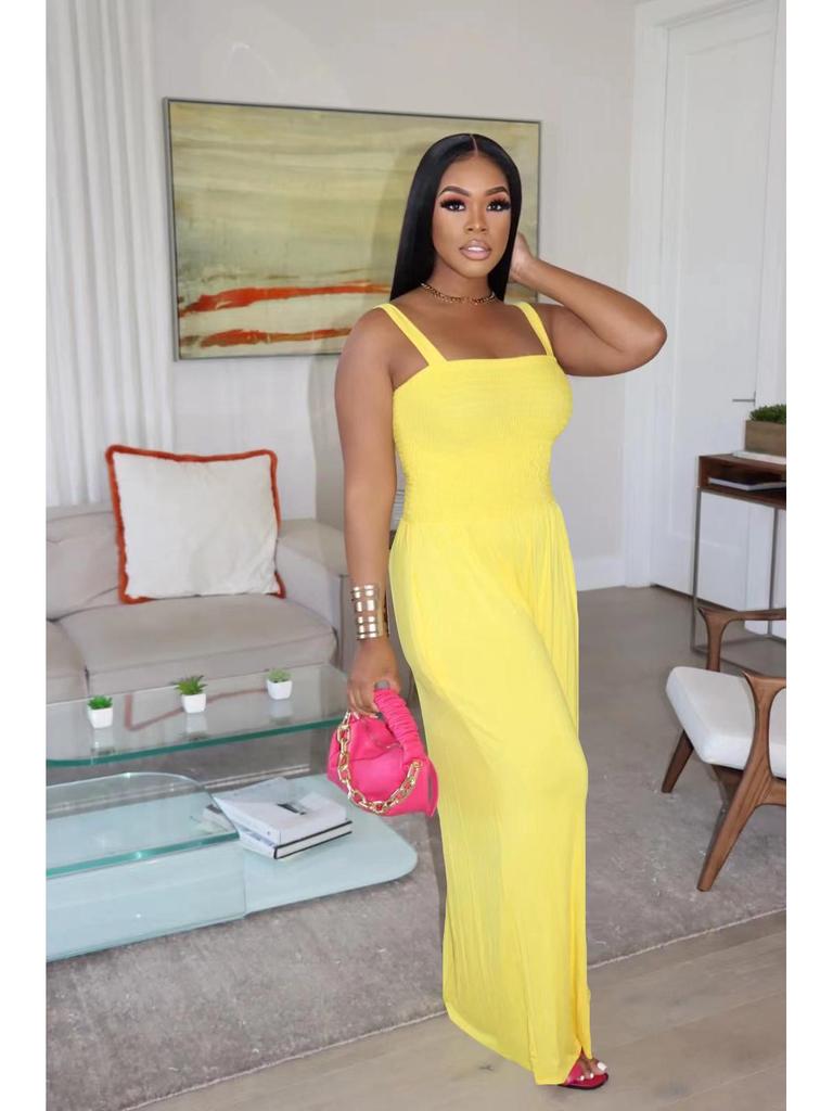 European & American Women's Solid Color Wide-Leg Suspender Jumpsuit