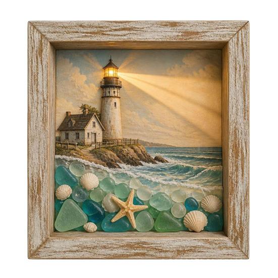 Sea Glass Art Painting with LED Light, DIY Mosaic Arts and Craft Kit, Ocean Themed Painting Kit, Beach Art Kit for Home Office Bookshelf Decoration