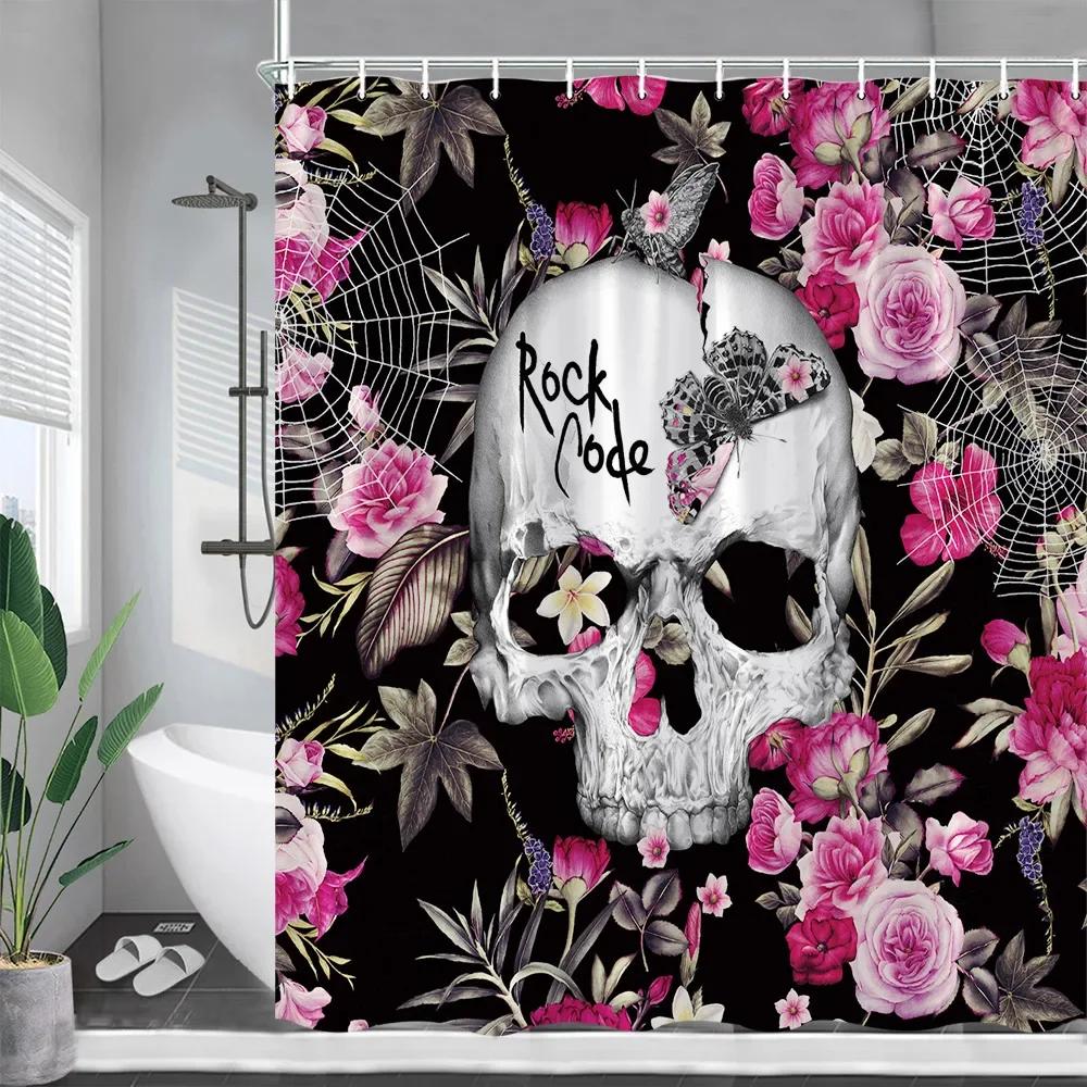 Blommigt Dödskalle Duschdraperi Rosa Blommor Skelett Akvarellkonst Rolig Halloween Badrumsgardin Tyg Badrumsinredning med Krokar