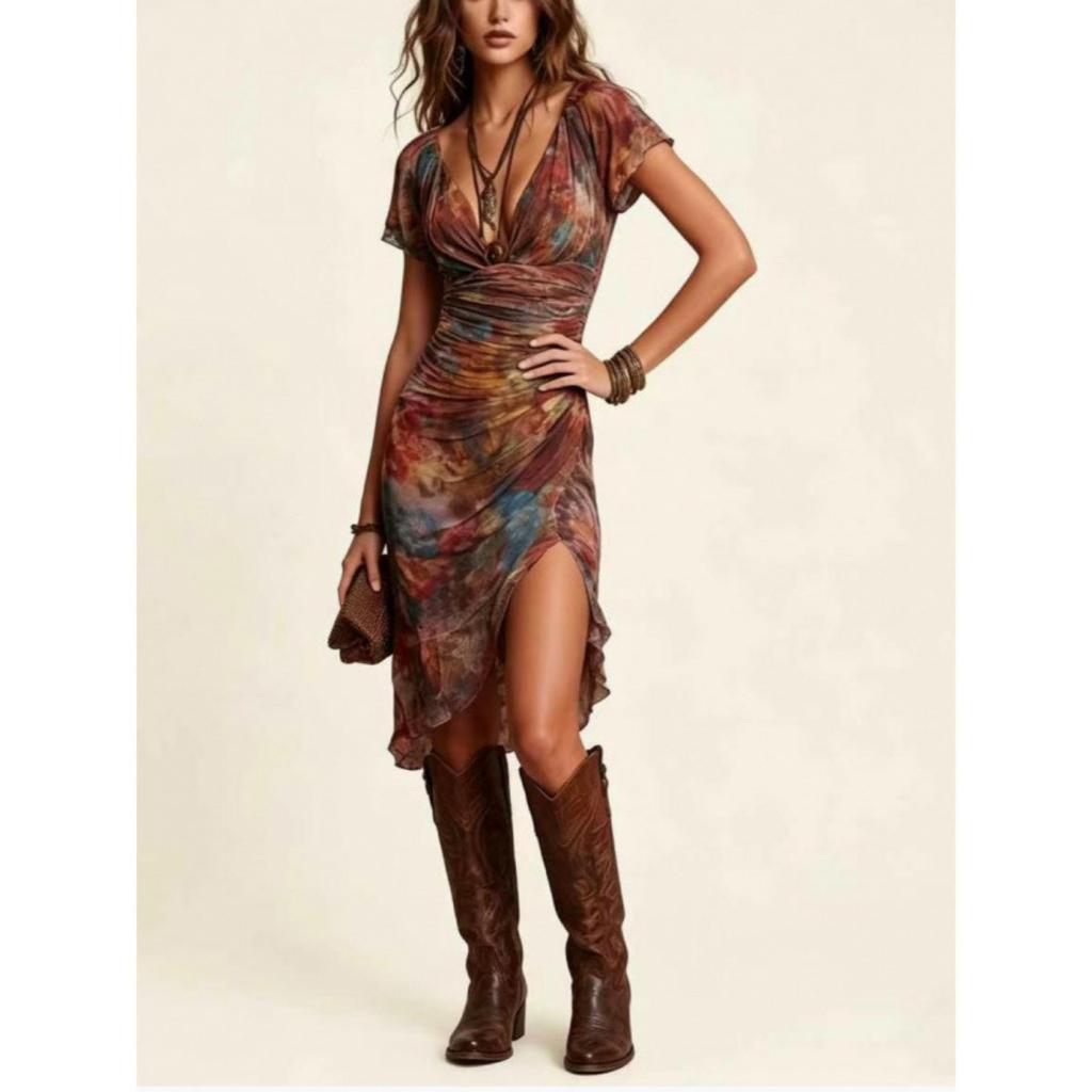 Boho-Print V-Ausschnitt Tailliert Schlankmachendes Mittellanges Elegantes Modekleid für Damen Europäischer Amerikanischer Stil