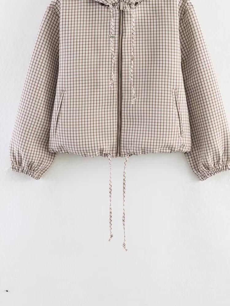 Europäischer und amerikanischer Stil, neue Damenbekleidung, Mode, karierte Kapuzen-Reißverschlussjacke 6318213