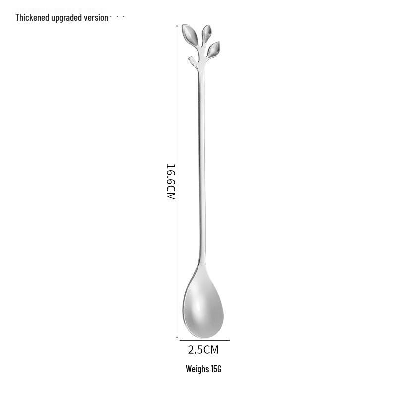 Gold Stainless Steel Leaf Spoon and Fork Set - Long Handle for Stirring, Desserts, and Coffee