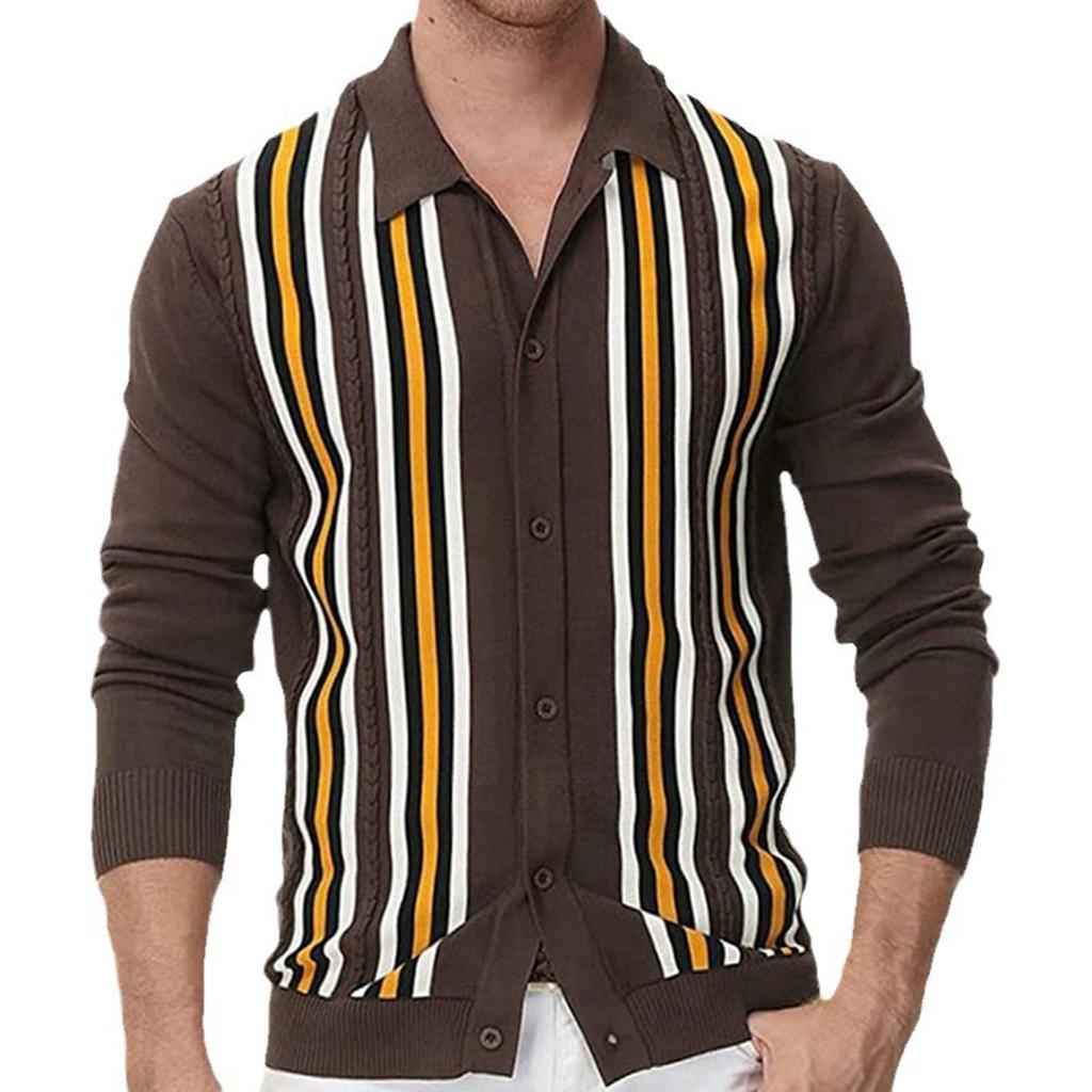 Men's Casual Striped Color - Blocked Knitted Cardigan With Lapel Outerwear