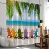 Tropical Beach Shower Curtain, Ocean Scenery with Palm Trees & Waves, Colorful Beach Chairs, Machine Washable