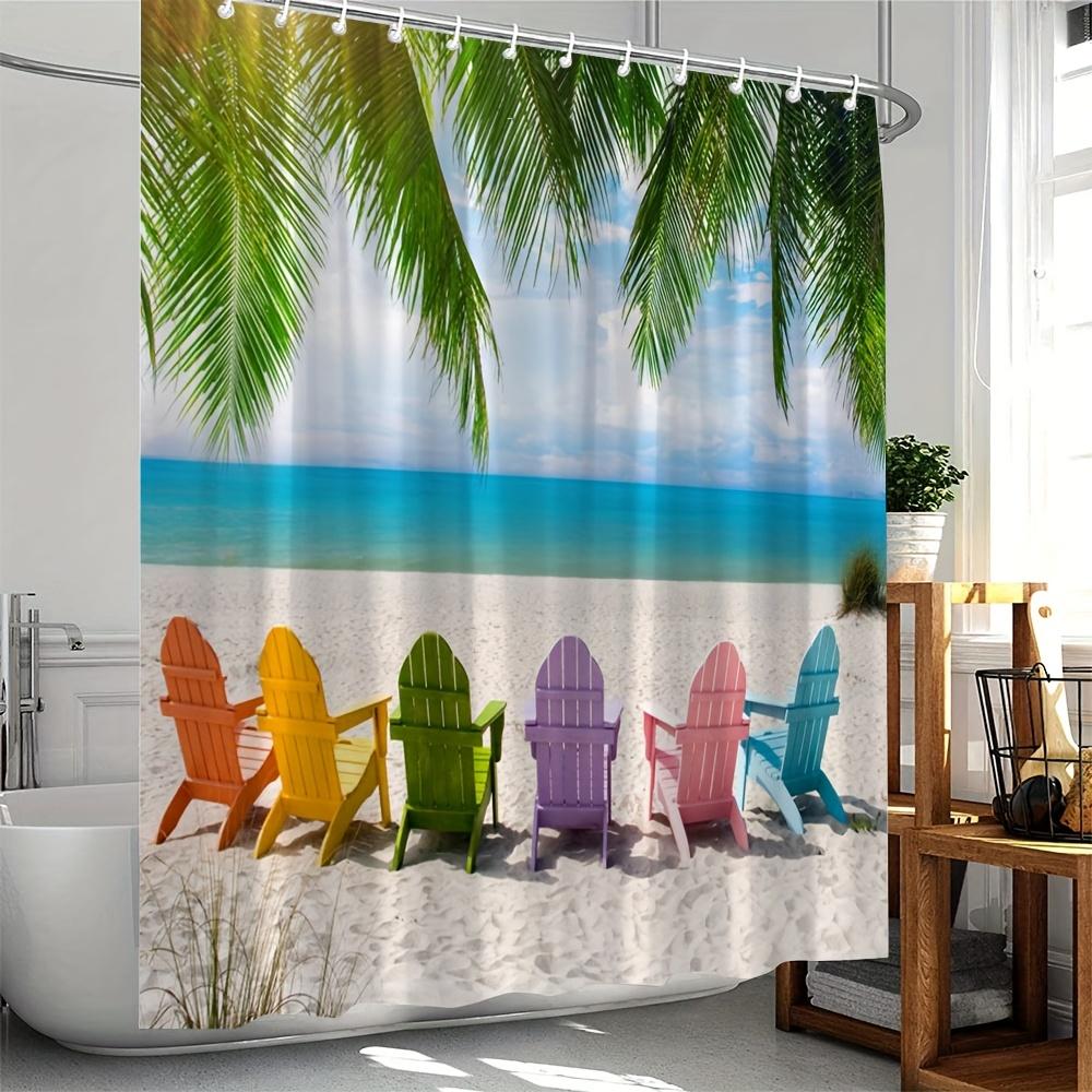 Tropical Beach Shower Curtain, Ocean Scenery with Palm Trees & Waves, Colorful Beach Chairs, Machine Washable