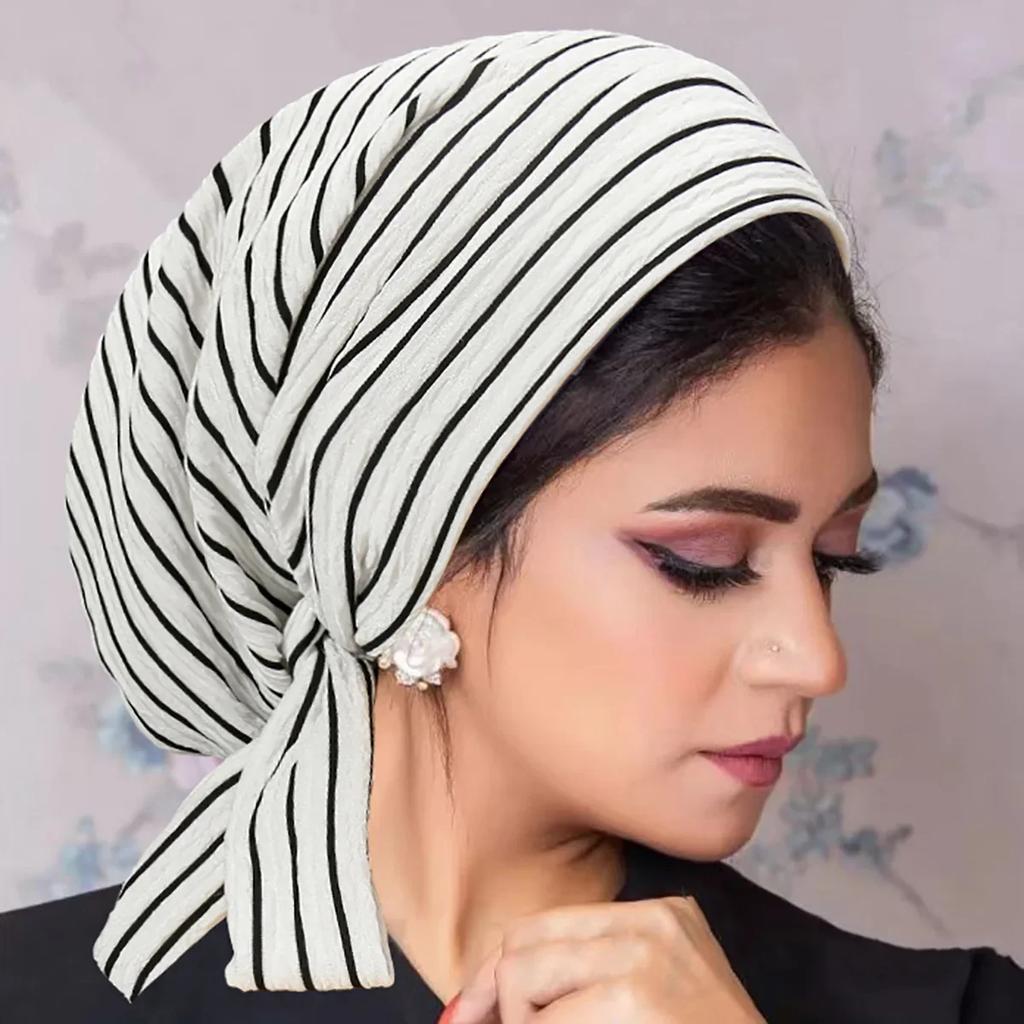 Trendy Long Tail Strap Hijab Turban Hats Muslim Solid Color Head Wraps Elastic Breathable Chemo Cap For Women Girls