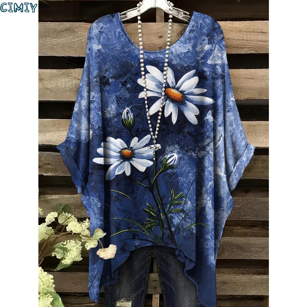 Elegante Blumenmuster-Bluse für Damen - Hellviolett mit weißen Blumen Langarm Rundhalsausschnitt Perfekt für Frühling & Herbst