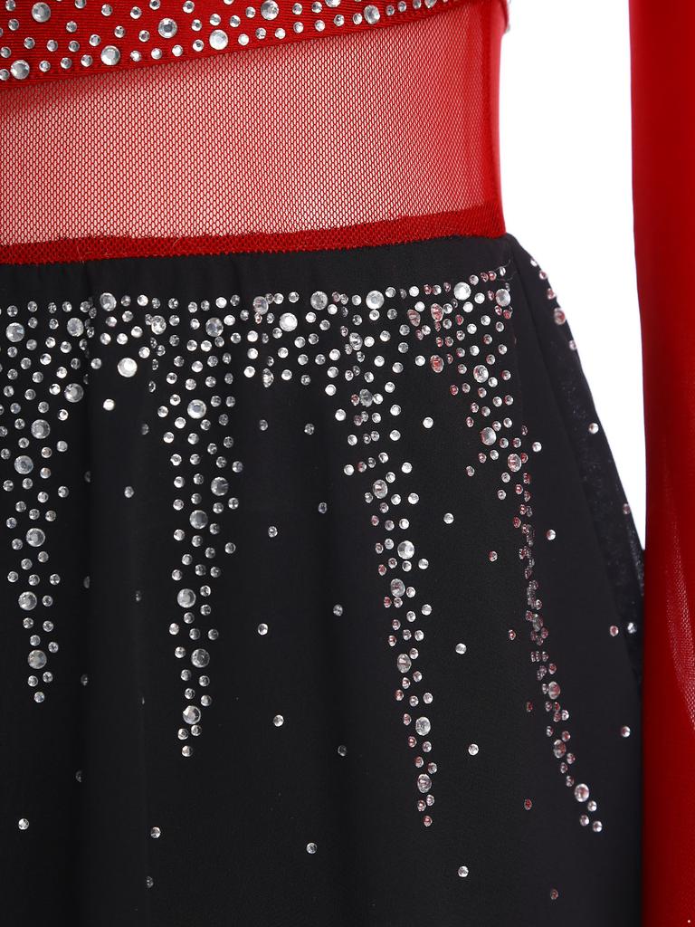 Damen Lyrisches Tanzleotards Kleid Strass Langarm Chiffonrock Body Eiskunstlauf Modernes Kostüm