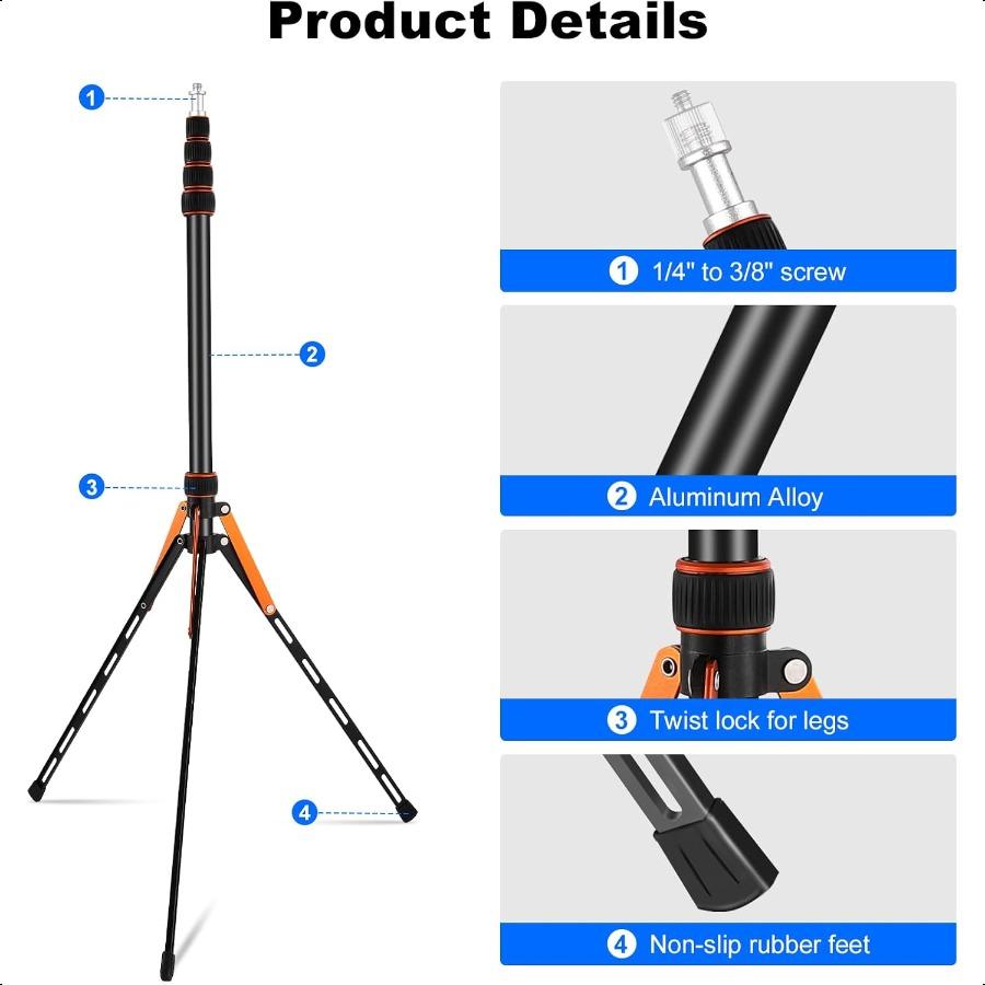 Extendable Travel Light Stand 7.2ft 2.2m Sturdy Aluminum Alloy Light Weight Adjustable Portable Tripod with Carry Bag for Photo