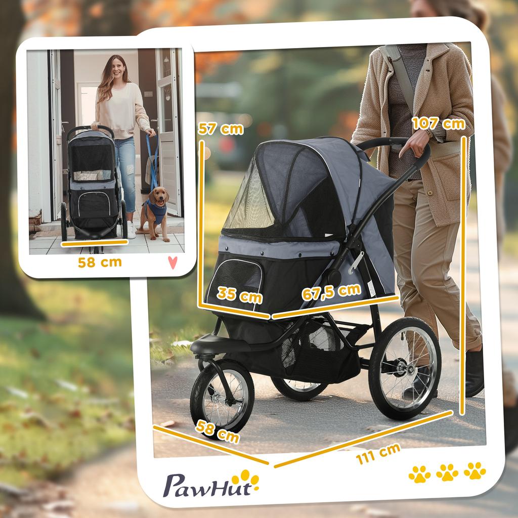 Foldable Pet stroller, Dog Buggy with Three Wheels, for Small/Medium Dogs, Grey