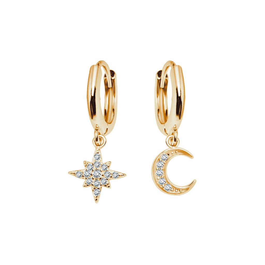 Silver Gold-Plated Asymmetric Earrings - Moon and Star