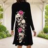 Women Plus Size Round Neck Long Sleeve Blue Beige Paisley Printed A Line Dress