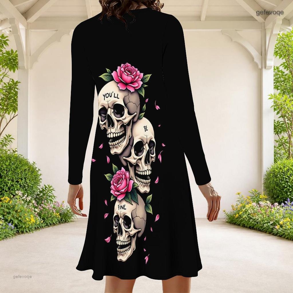 Women Plus Size Round Neck Long Sleeve Blue Beige Paisley Printed A Line Dress