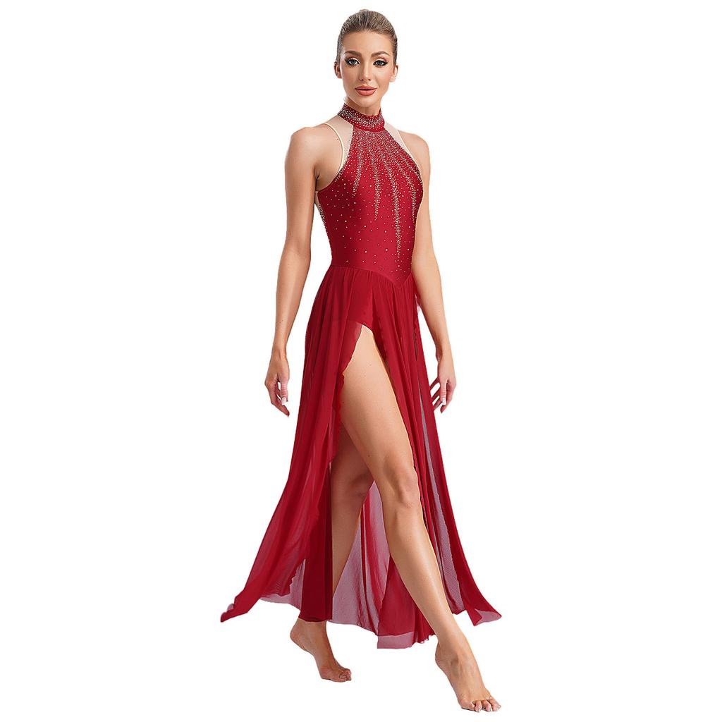 Damen Modern Lyrical Dance Dress Ärmellos Split Sheer Mesh Ballet Gymnastik Trikotkleid Zeitgenössische Performance Dancewear