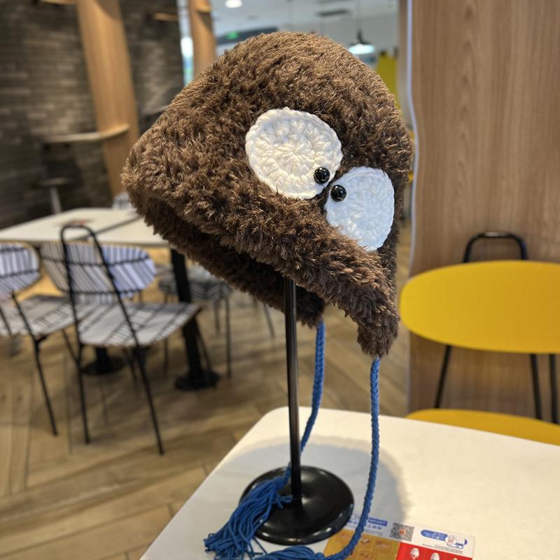 

Осень и Зима Новый Стиль Японская Забавная Шапка из Шерсти с Большими Глазами для Женщин Защита от Холода и Тепла Защита Ушей Вязаная Шапка