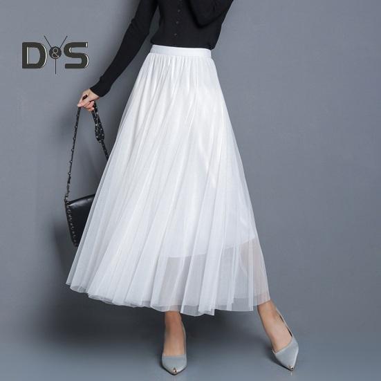 Women Midi Skirt Elastic High Waist Long Skirt with Solid Mesh Hem Solid Color A-Line Skirt Daily Wear