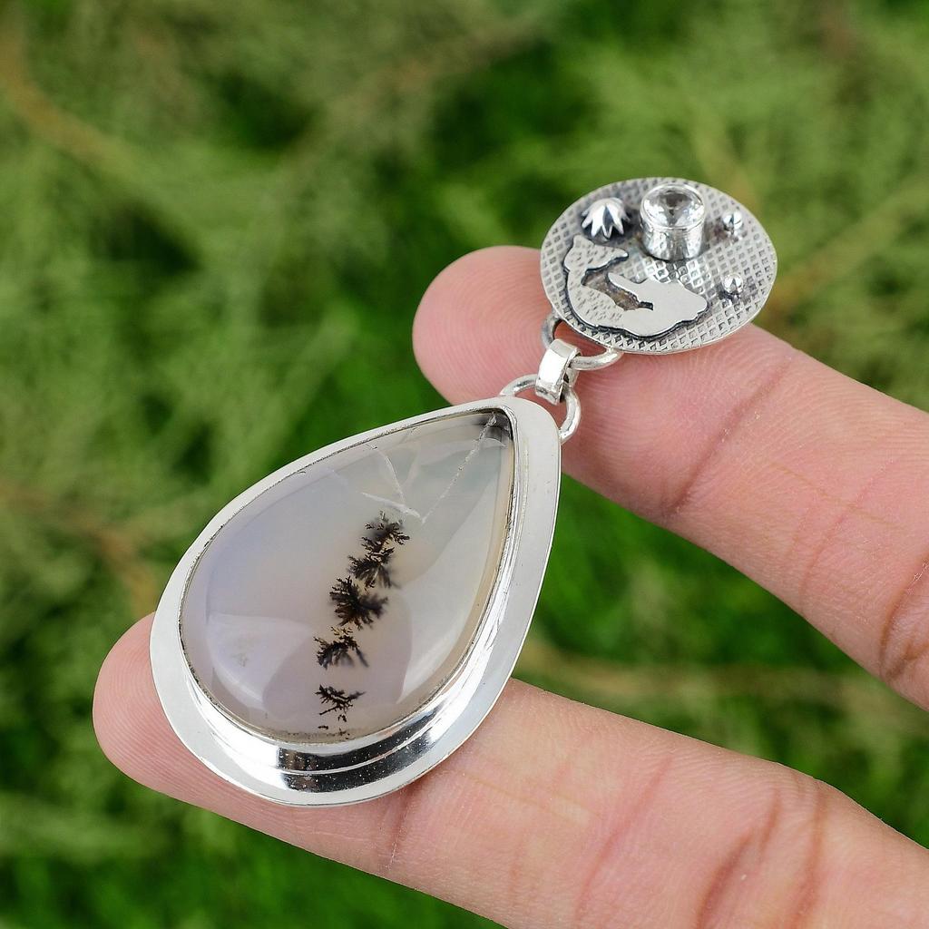 Pear Montana Agate Stone White Topaz Mermaid Engagement Pendant Sterling Silver