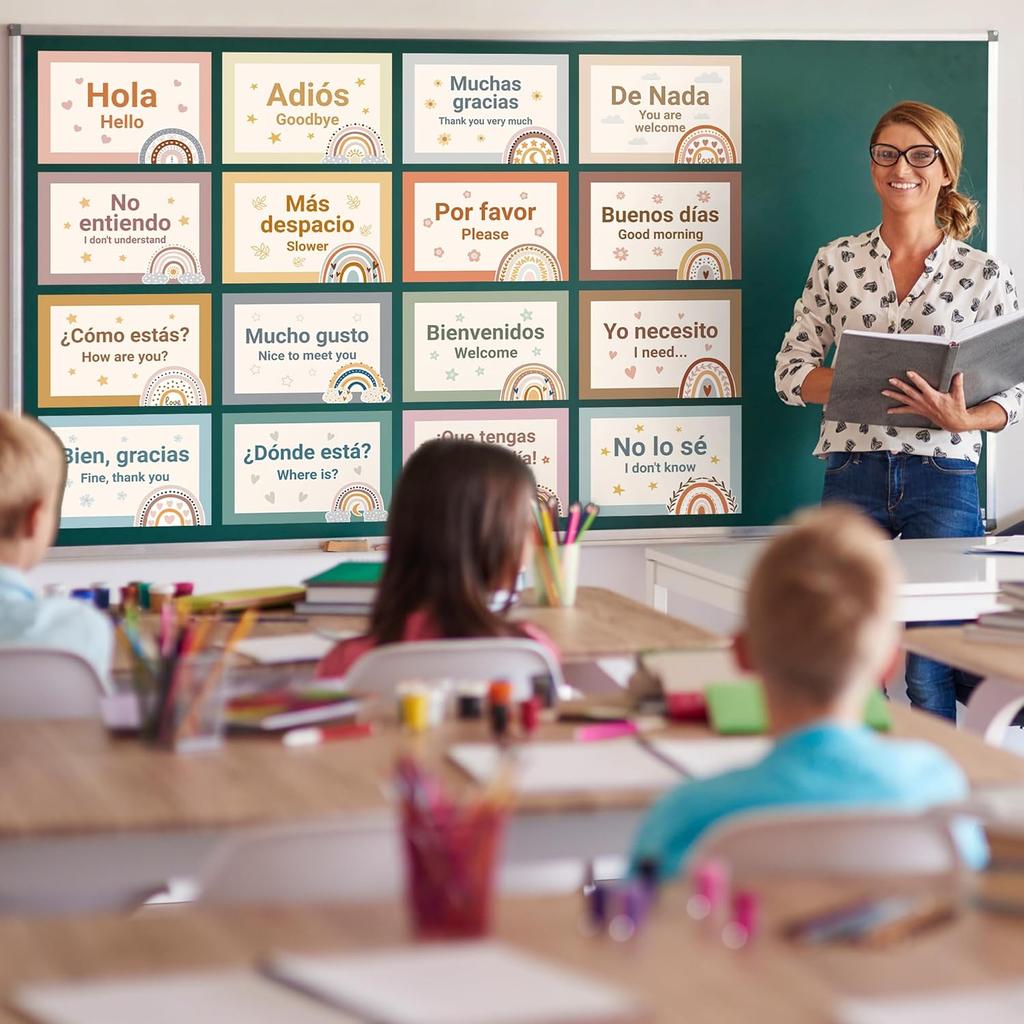 WATINC Spanish Words Phrases Poster - 16pcs Spanish Posters Set Classroom Decorations, Bilingual Study Learning Materials Teacher Supplies, Spanish