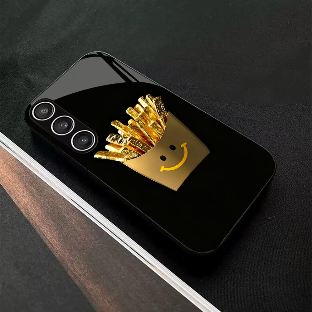Smile face French fries Exquisite High-end PhoneCase Glass TPU PhoneCase for Samsung Galaxy S26 S25 S24 S23 S22 FE,Ultra,Plus
