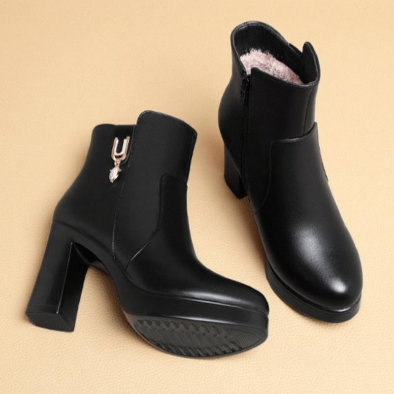 Women's Autumn/Winter High-Heeled Short Boots with Chunky Heels and Fleece Lining