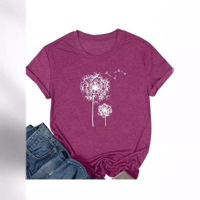 Europäisches und Amerikanisches Sommer Damen Löwenzahn-Print Rundhals Kurzarm Freizeit T-Shirt