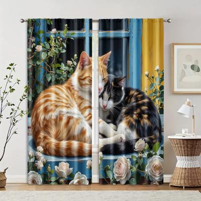 Set Of 2 Filtering Curtains Excluding Rods Non Movable Without Batteries Adorable Lazy Cat Flowers Use Bedrooms Curtain For Master Bedroom Made