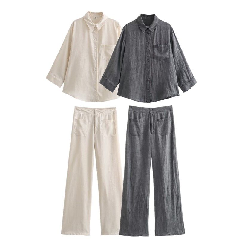 Fashion Style Autumn New Women's Clothing Slimming Pocket Trim Linen Shirt Mid Waist Pants 4786320 802