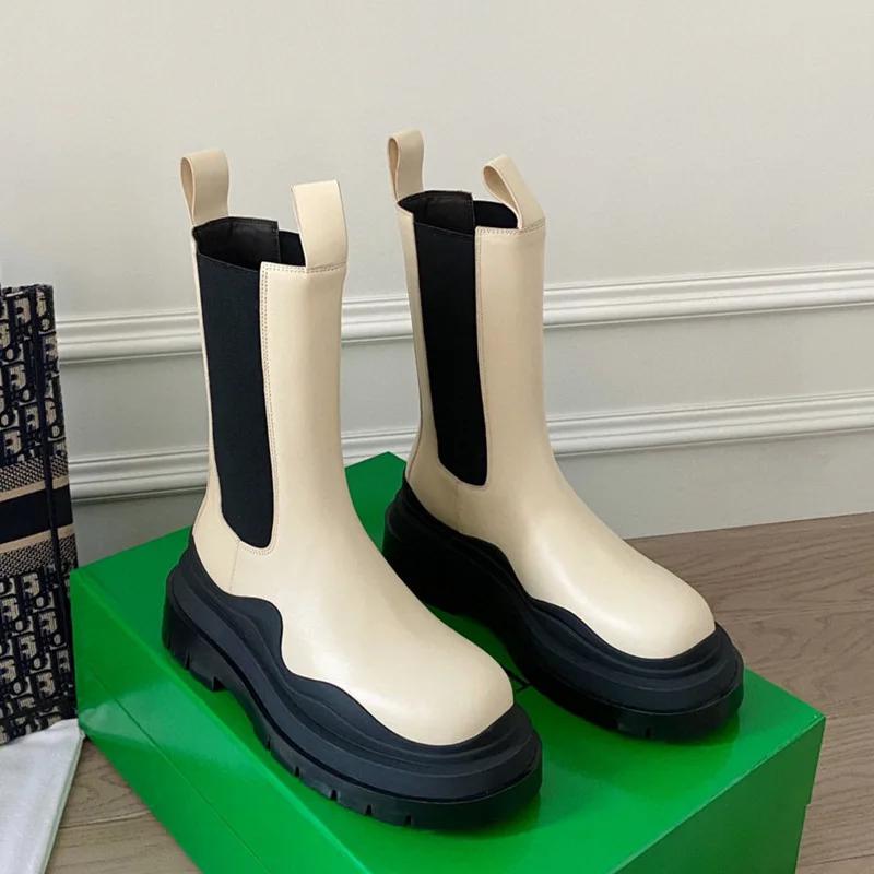 Fashion 2025 New Chelsea Boots Women/man Couple Models Platform Mid Boots Round Toe Slip On Rain Boots Leather Fashion Large Size Shoes