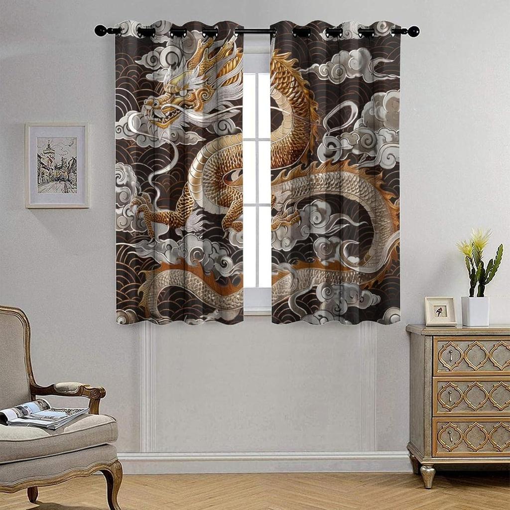 Traditional Chinese Dragon Blackout Curtains, Fantasy Cloud Golden Asian Grommet Thermal Insulated Curtains Window Drapes for Bedroom Living Room, 2