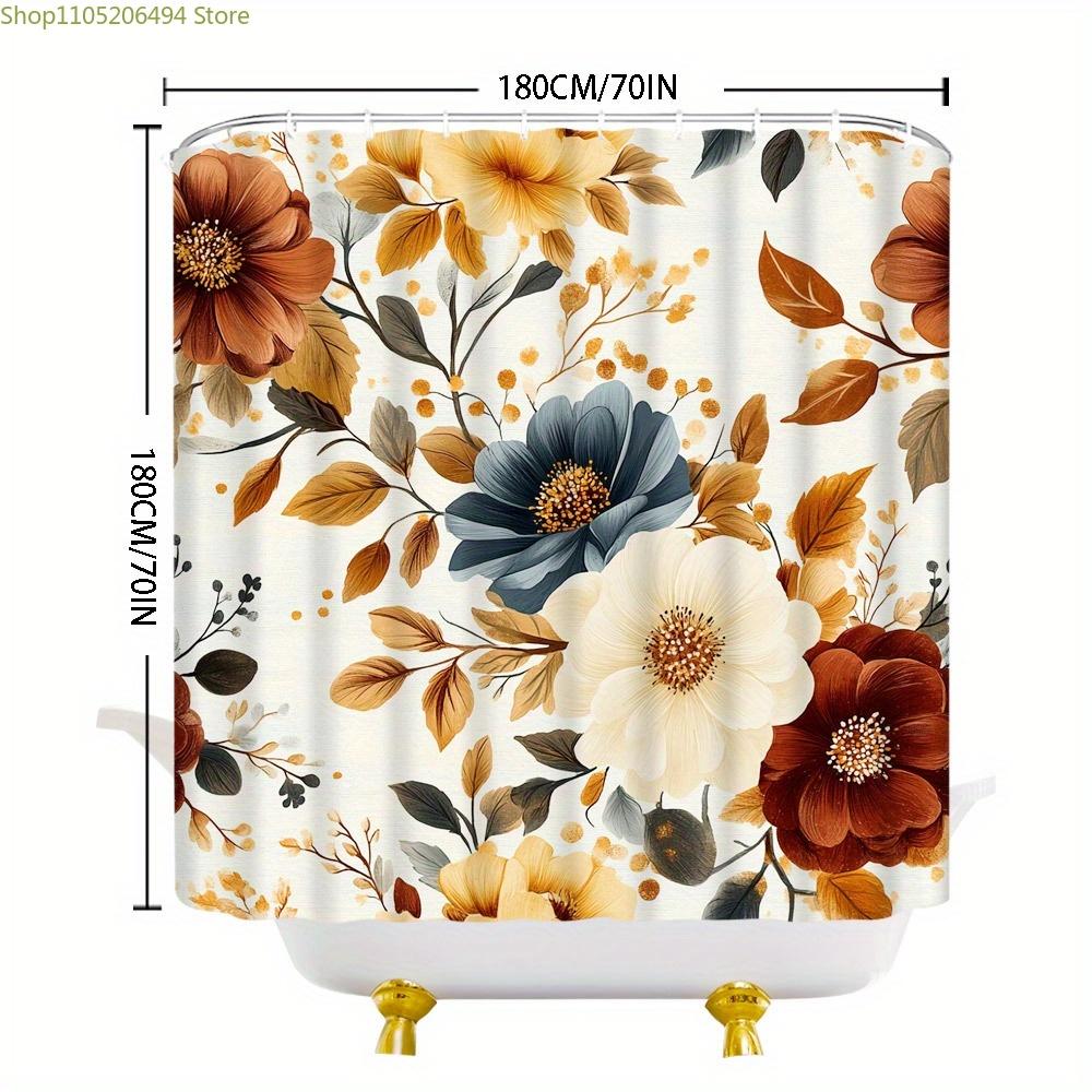 [Tenda da Doccia Floreale] 1pz Tenda da Doccia Floreale Autunnale e a Foglie - Fiori Rosso Intenso Giallo Senape, Foglie Marrone Arancio Verdi o