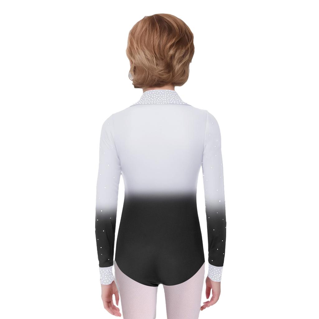 Boys Gymnastics Dance Leotard Turn Down Collar Long Sleeve Shiny Rhinestones Gradient Color Bodysuit