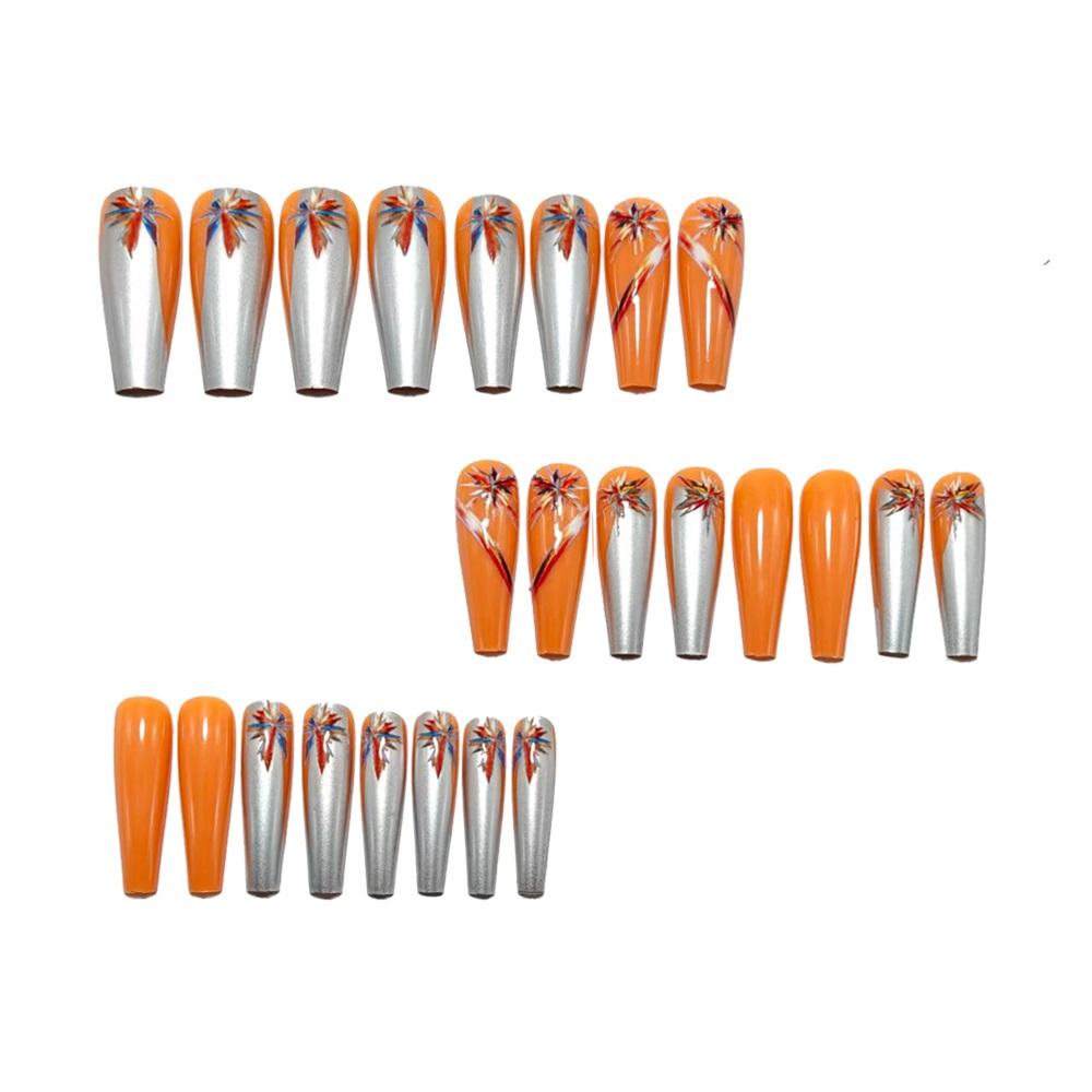 Orange And Silver Contrast Starburst Wearable Fake Nails Manicure Wearable Manicure Long Manicure Nails
