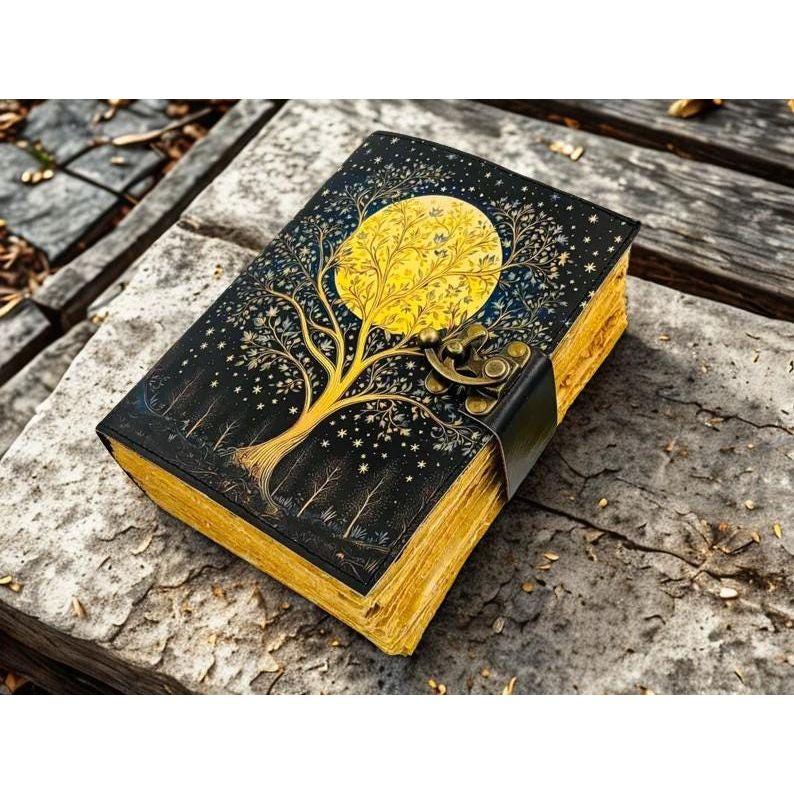 

Grimoire Leather Journal With Tree of Life Design Vintage Book of Shadows, Witchcraft Blank Spell Notebook Celestial Gifts For Him 7 x 5 in - 200 Sheet