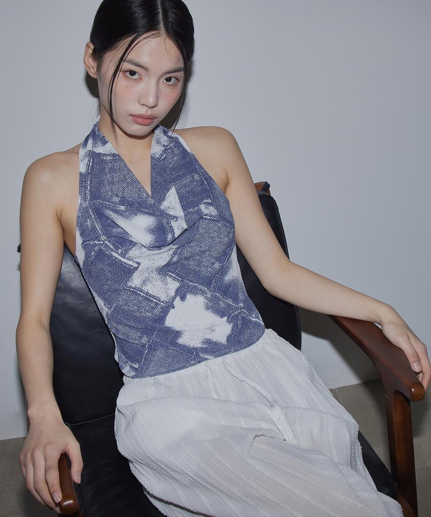 TOPGIRL Denim Printed Cowl Neck Halter Top_T516Tp123