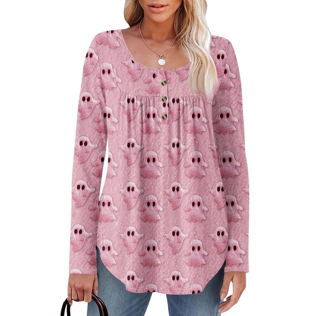 Dam Tunika Långärmad Lös Toppar Casual Oversized Toppar Plisserad Tunika Knäppning Casual Dam Tryckta Toppar