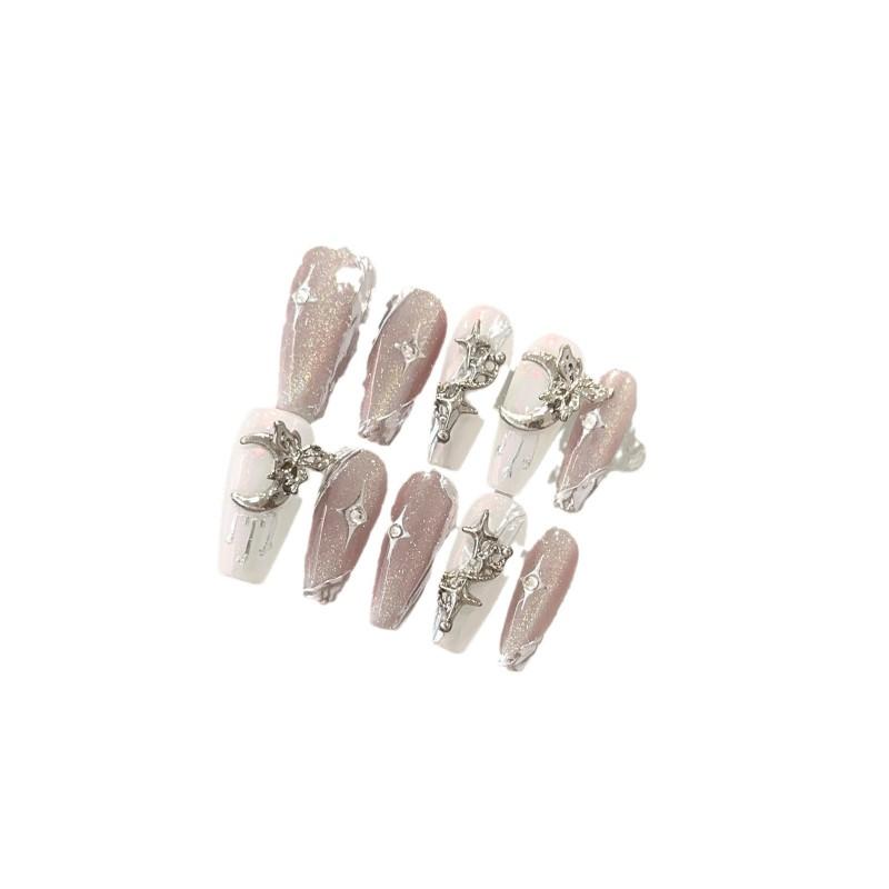 Handmade Press On Nails Purple Starry Sky Cat Eye Fake With White Stars Moon Medium Length Women