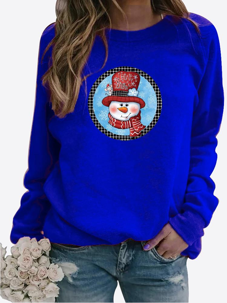 Blusa feminina de outono e inverno com decote redondo, moda casual, cor sólida, manga comprida, estampa de boneco de neve, camiseta solta, tops