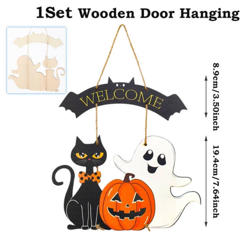 High Quality Halloween Decorative Wooden Sign with Black Cat, Pumpkin and Ghost -"Welcome" Design for Door Hanging for Halloween