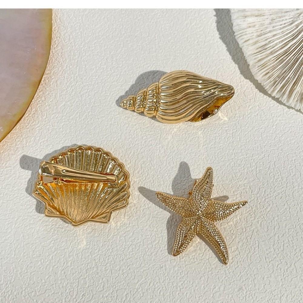 Golden Color Starfish Hair Clip Gold Color Scallop Shape Duckbill Hair Clip Elastic Design Conch Hair Clip Vacation Style
