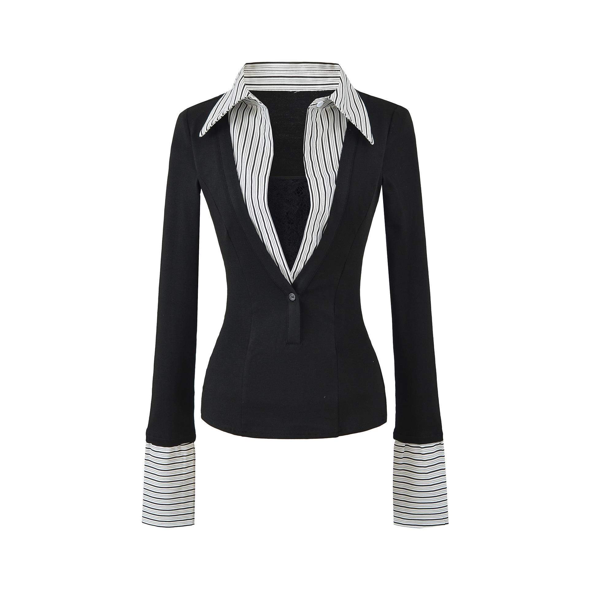 Women s 2026 Layered Striped Shirt with Collar Patchwork and Waist-Cinched Design Medium чёрный