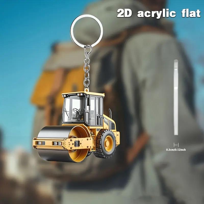 1Pcs Lightweight Key Ring Pendant Forklift Tractor Construction Truck Cartoon Roller Alloy Model Car 2D Flat Excavator Keychain