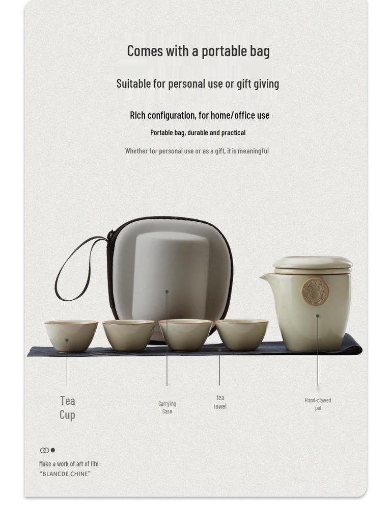 Compact Ru Kiln Travel Tea Set: Portable Quick-Brew Teapot & Teacups for One
