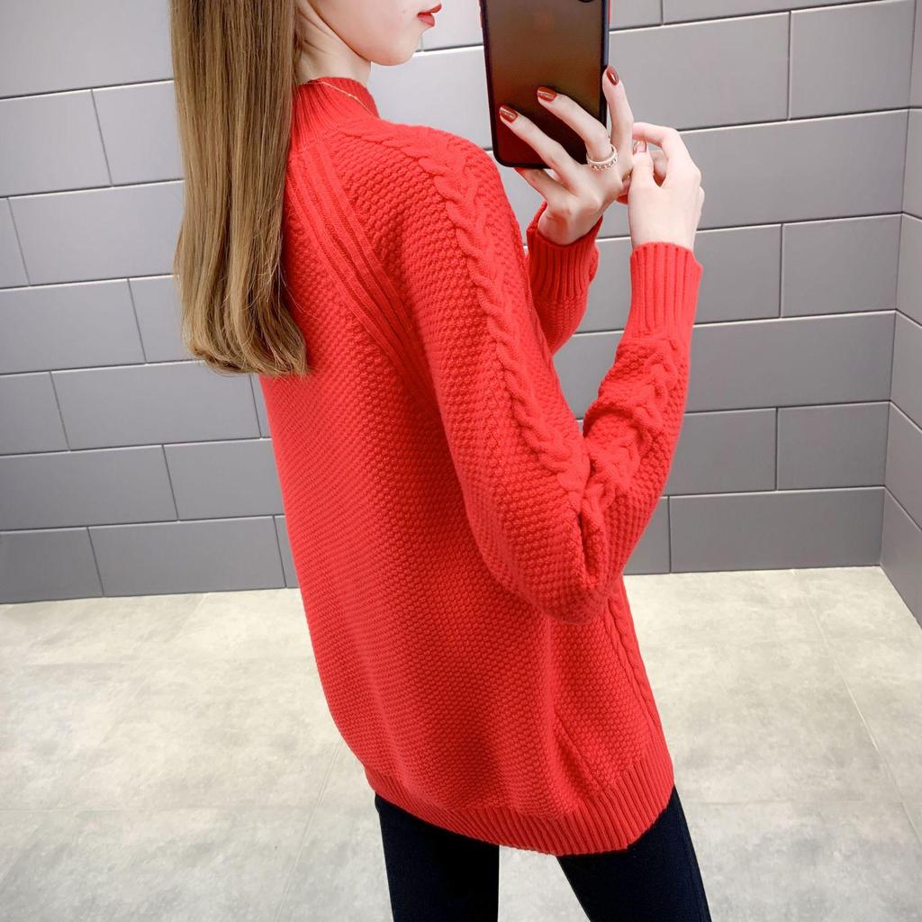 Autumn/Winter Stylish Half-High Neck Loose Thick Knit Sweater for Women
