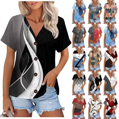 Women's Fashion Short-sleeved V-neck Color Block Patchwork Print Top Casual Button T-shirt