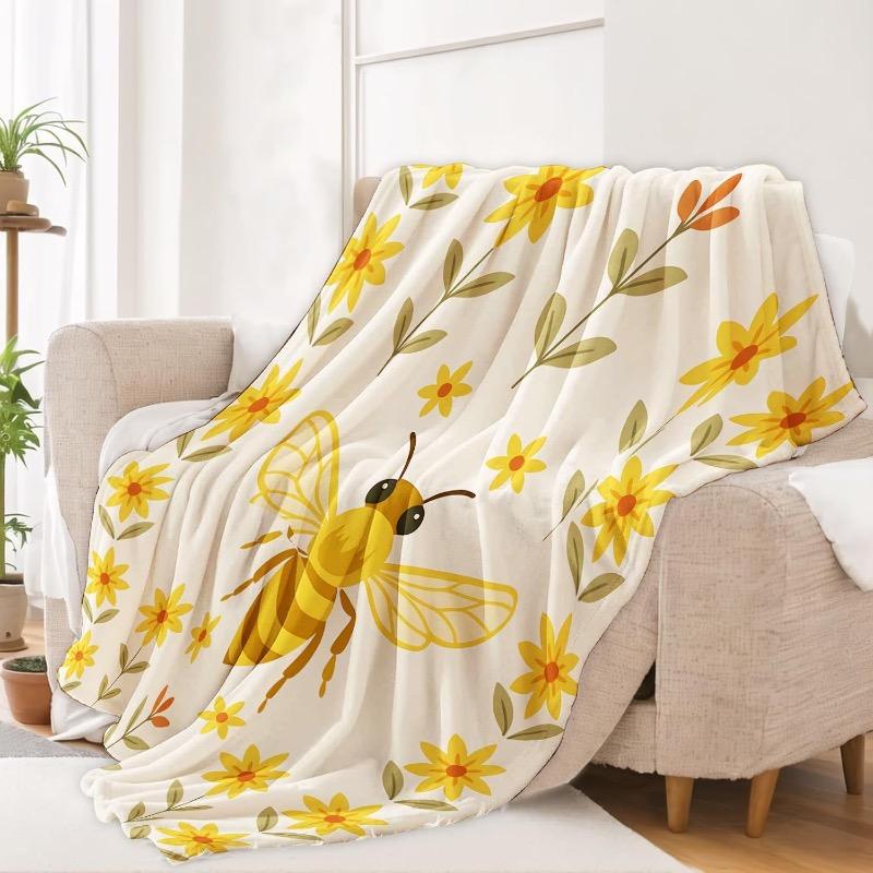 Floral Bee Blanket Soft Cozy Lightweight Flannel Throw Blanket for Living Room Bedroom Travel Home Cute Rustic Decor 75X95CM