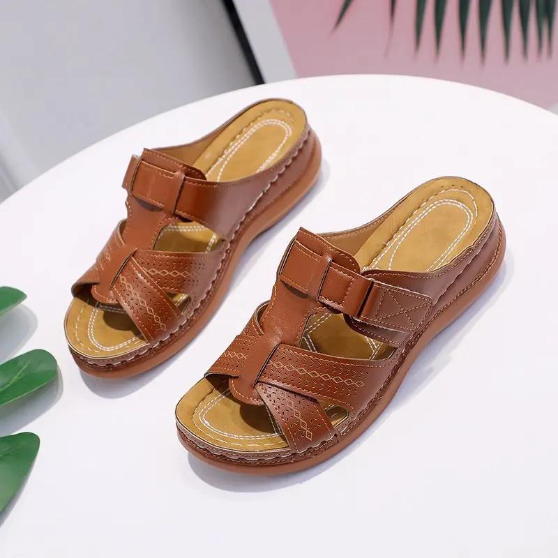 2025 Sommar Kvinnor Kilsandaler Premium Ortopediska Öppen Tå Sandaler Vintage Halkfri Läder Casual Kvinnliga Platåskor Retro