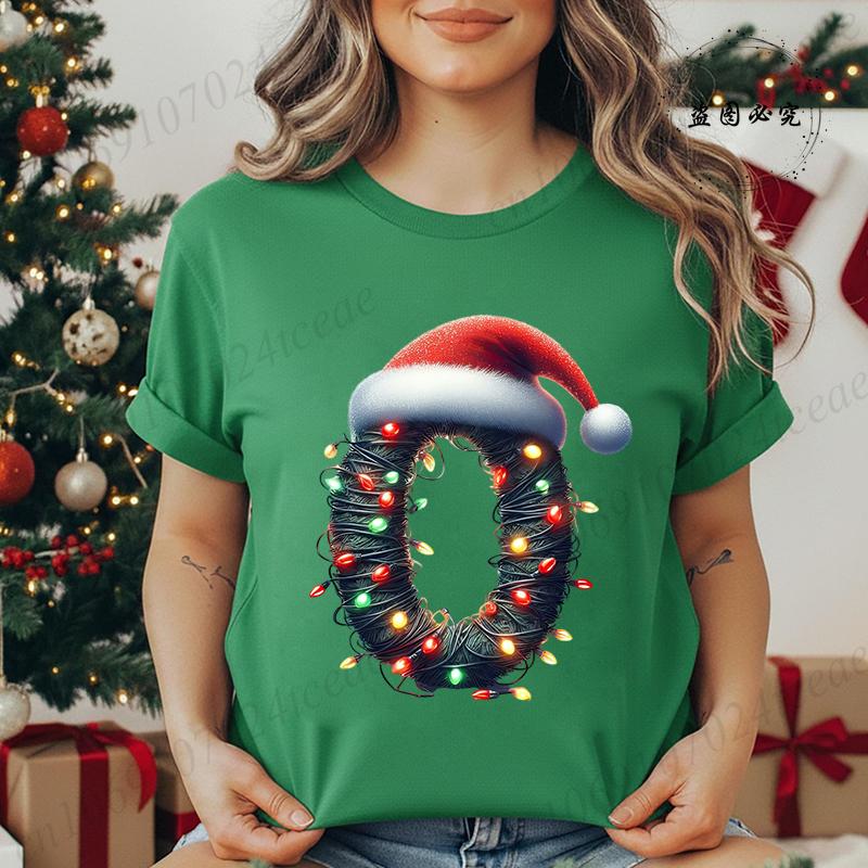 Women's Casual T-Shirt Christmas-lights-wrapped-letter Graphic Tshirt Christmas Design Round Neck Short Sleeve Tee Shirt Clothes