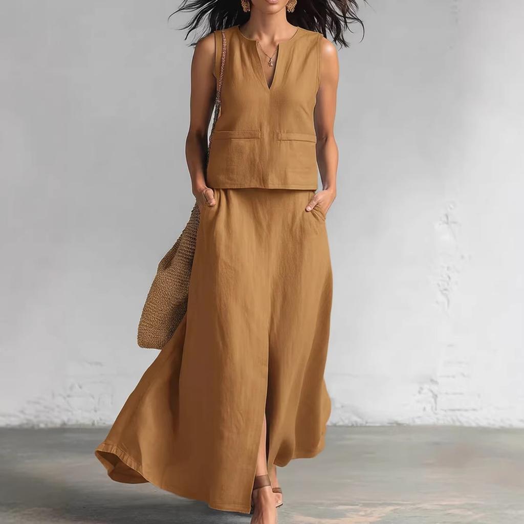 Women's Fashion Color Sleeveless Cotton Linen V-neck Sleeveless Top, Casual Pocket Skirt Two-piece Set