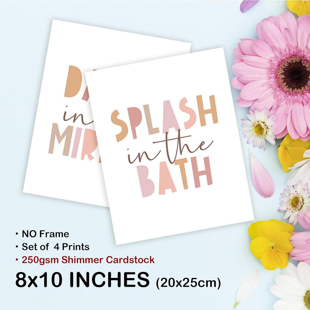 TLESKE Pink Girls Kids Bathroom Splash in the Bath Posters Prints Unframed 8x10 Set of 4, Dance in the Mirror Wall Art Prints Decor, Sing in the