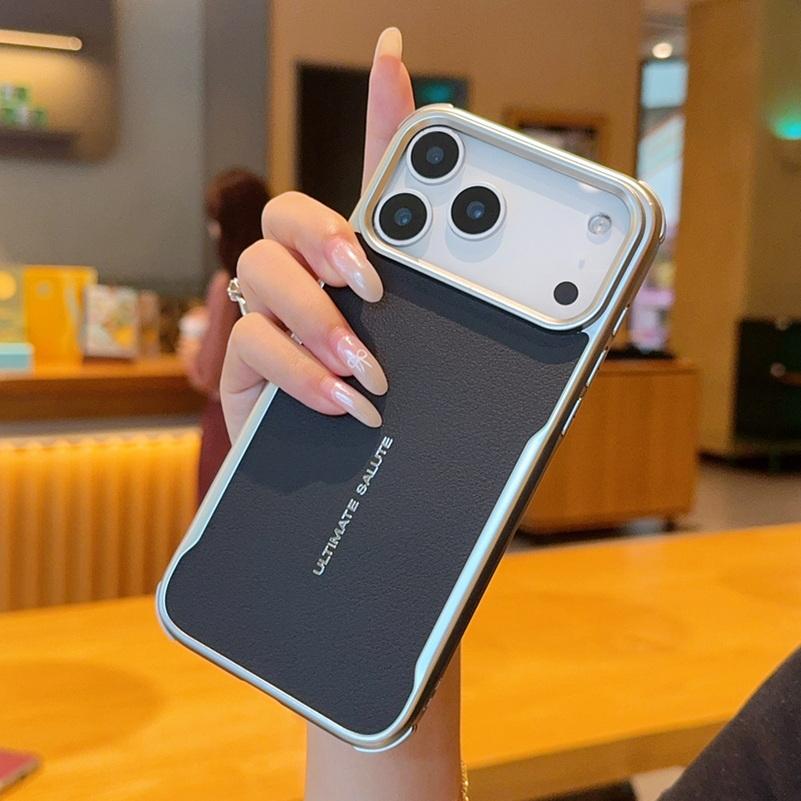 Plain Leather Magnetic Silver Bezel Lens To Heighten Case For iPhone 17 Pro Max 17 Pro Air 16 Plus 15 Pro Max Protection Cover